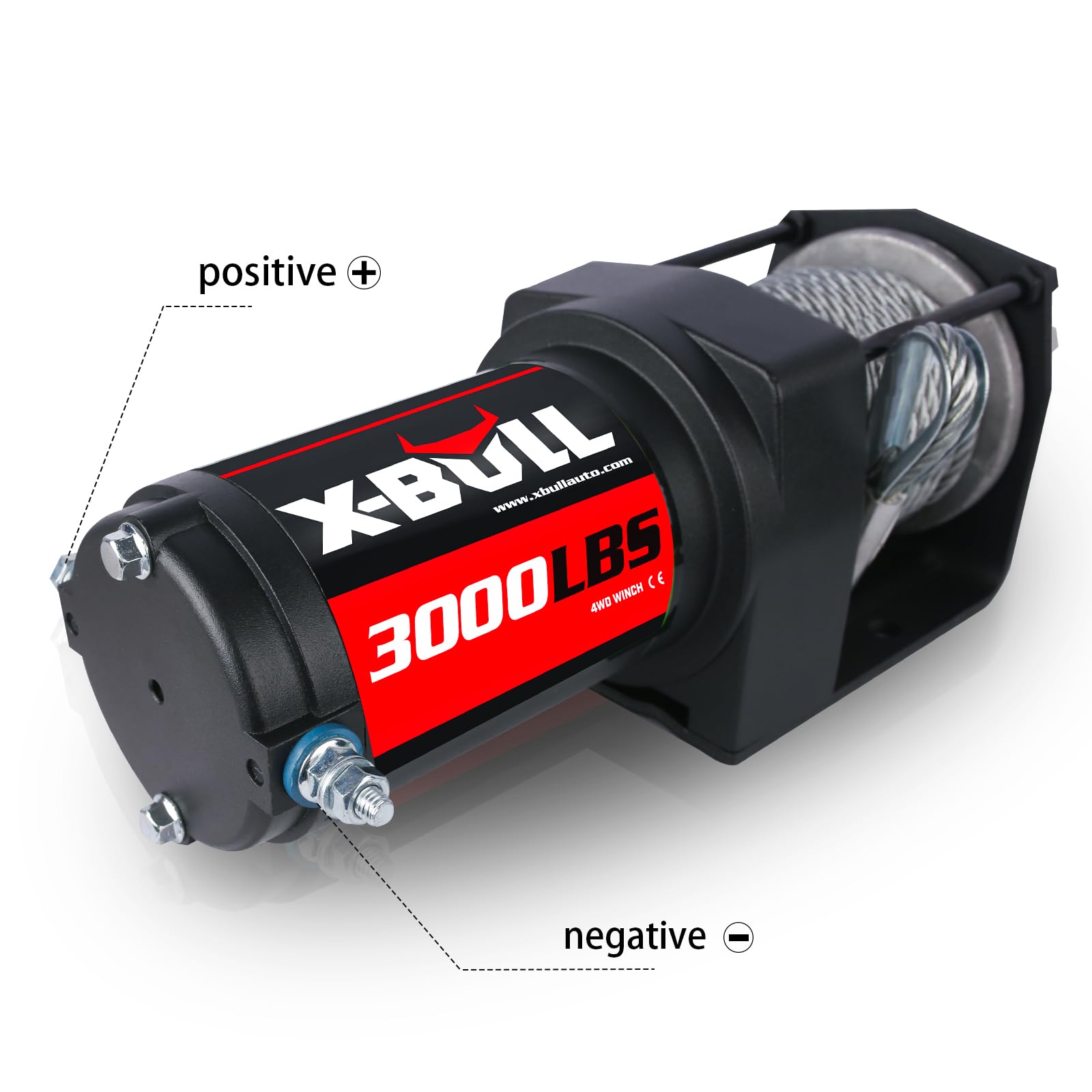 X-BULL Wyciągarka elektryczna do quada - Siła uciągu 3000 funtów (1360 kg) - Elektryczna wciągarka linowa - Pługi, UTV, ATV, Quady, Terenowe - 29 x 11 x 11 cm - 12 V, Czarny
