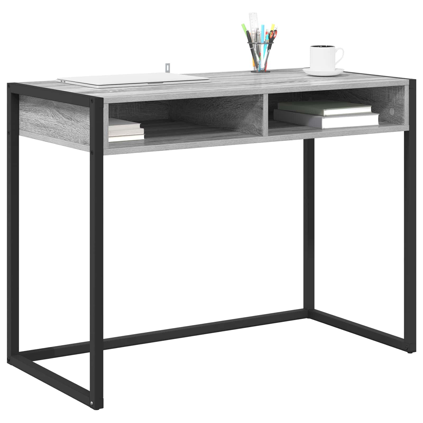 Scrivania grigio sonoma in legno ingegnerizzato 100 x 50 x 75 cm con struttura in acciaio stabile, tavolo lavoro per ufficio, studio, gaming, smartworking, casa, soggiorno