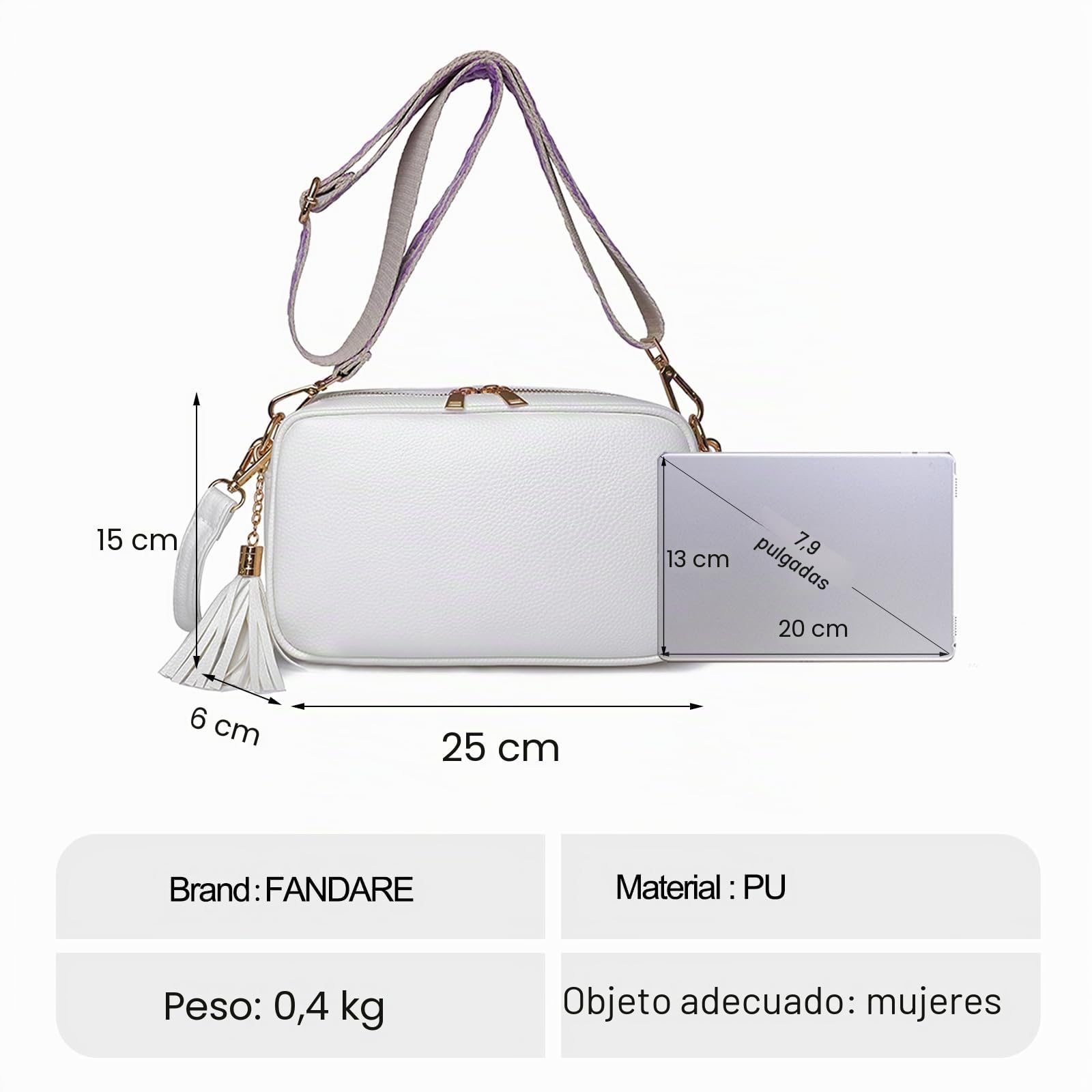 FANDARE Bolso Bandolera Mujer Bolso de Hombro PU Cuero Moda Bolsos Bandolera Elegante Bolso de teléfono Decoración Borla para el Hombro Bolso de Monederos Bolsa de Honda con Dos Correas Blanco