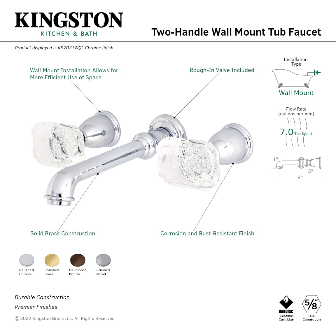 Kingston Brass KS7022WQL Llenador de bañera Romana para Montaje en Pared Central de 20,32 cm, latón Pulido, 10-7/16 inch in Spout Reach