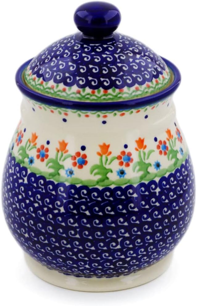 Polmedia Polish Pottery Jar with Lid - Spring Flowers Pattern Handmade in Boleslawiec Poland by Ceramika Bona + Certificate of Authenticity