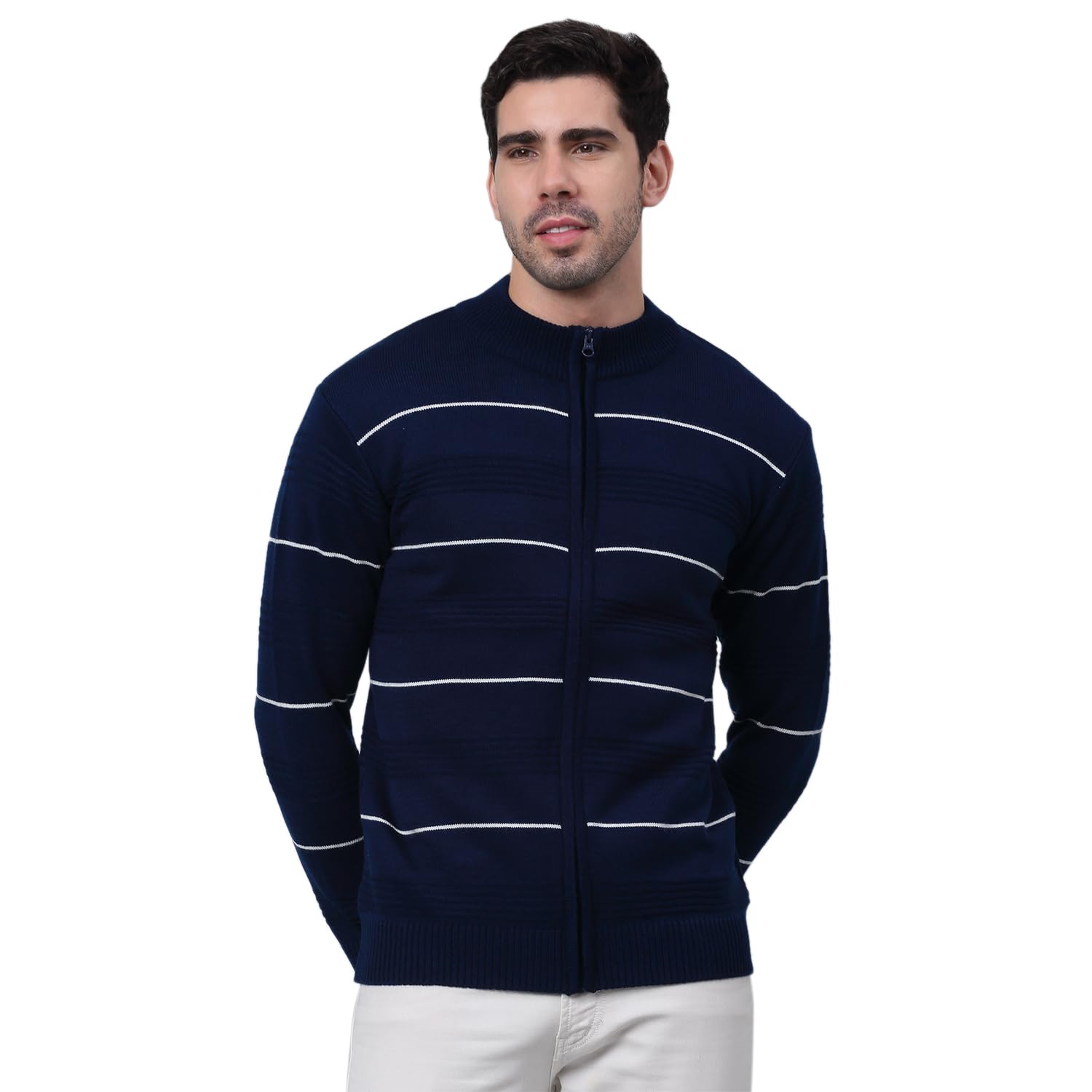 Srtiped Royal Blue Front Open Round Neck Full Sleeves Regular Fit Men Casual Sweater | Casual Winter Sweater for Men | Men Sweater for Winter Wear (P_MSWT00094_RoyalBlue)