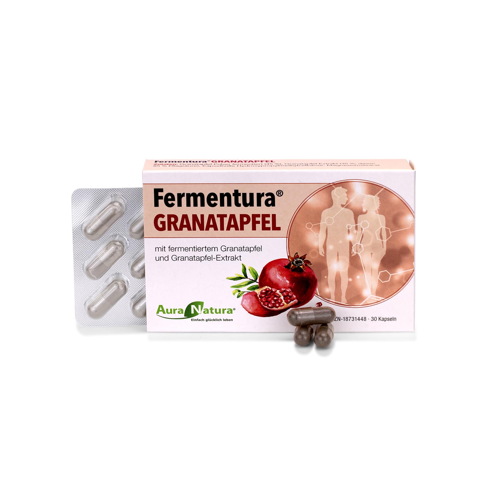 Aura Natura® Fermentura Granatapfel Kapseln – 30 hochdosierte Kapseln mit fermentiertem Granatapfelextrakt & 200 mg Ellagsäure – je Tagesdosis 536 mg – 1 Monat Vorrat & Vegan