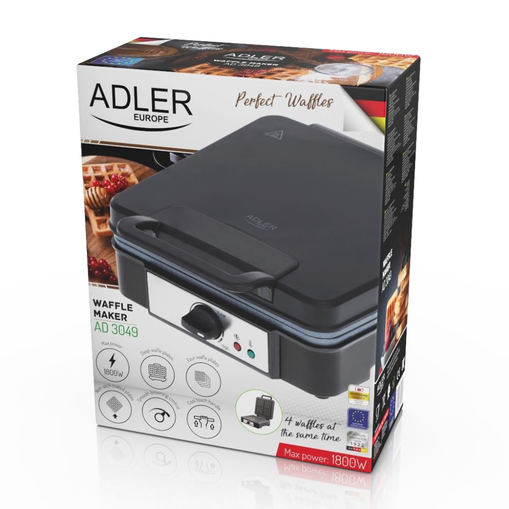 ADLER AD3049 Gofrera Profesional para 4 Gofres Belgas Gruesos, Placas Antiadherentes, Regulador de Temperatura, Waffle Maker Negro, 1800W
