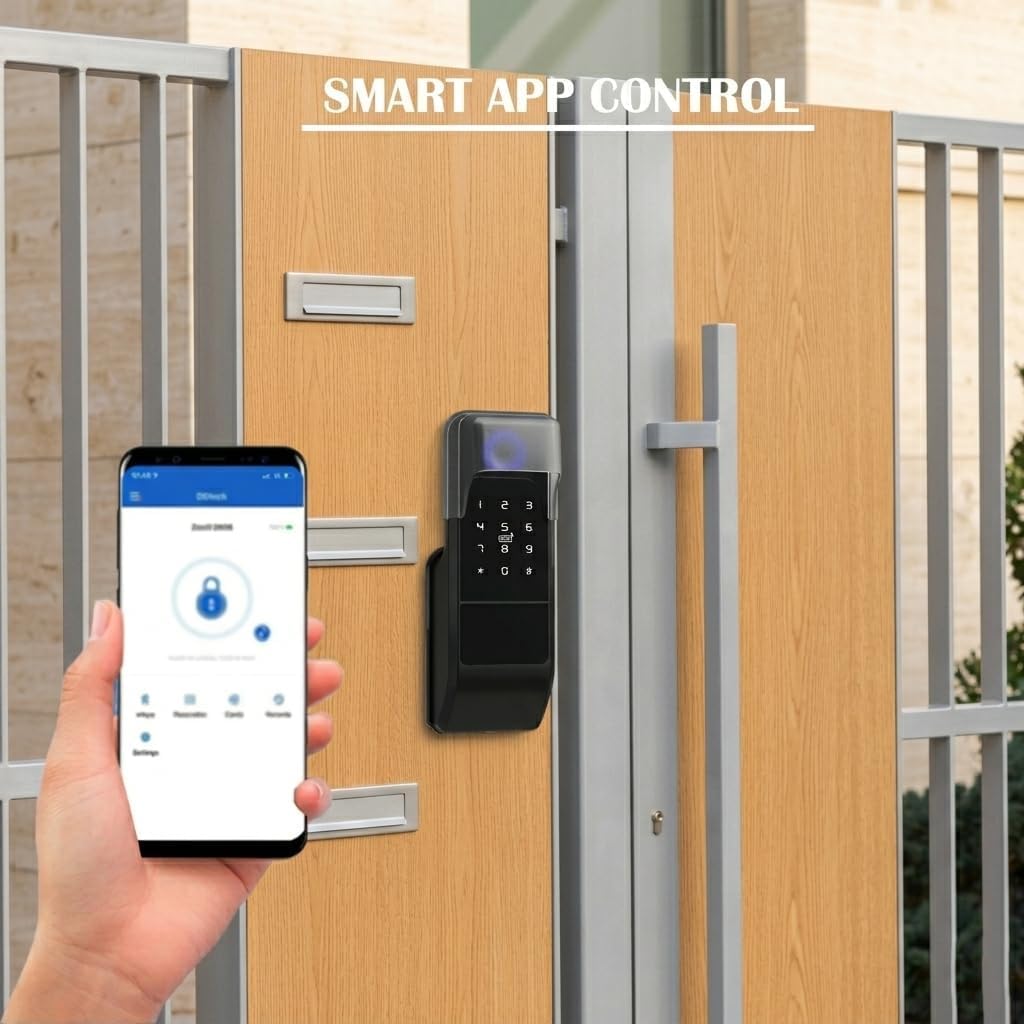 Smart Latch Serrure de portail double face, sans clé à empreintes digitales avec clavier, mot de passe et carte IC – Pêne dormant électronique étanche pour clôture extérieure (noir