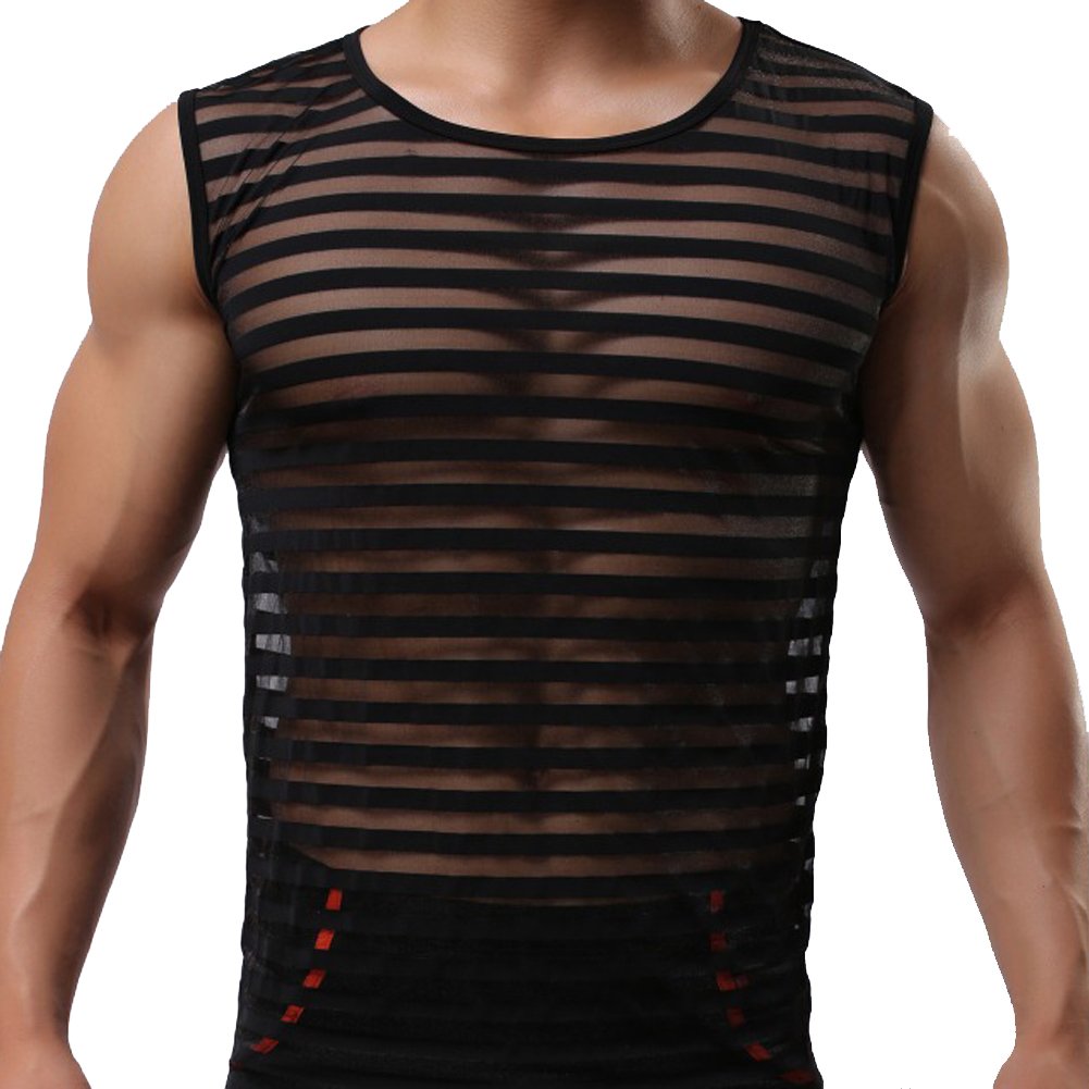 Jj Store Men's Black Mesh Lingerie Underwear Striped Tank Top Vest Clubwear Undershirt