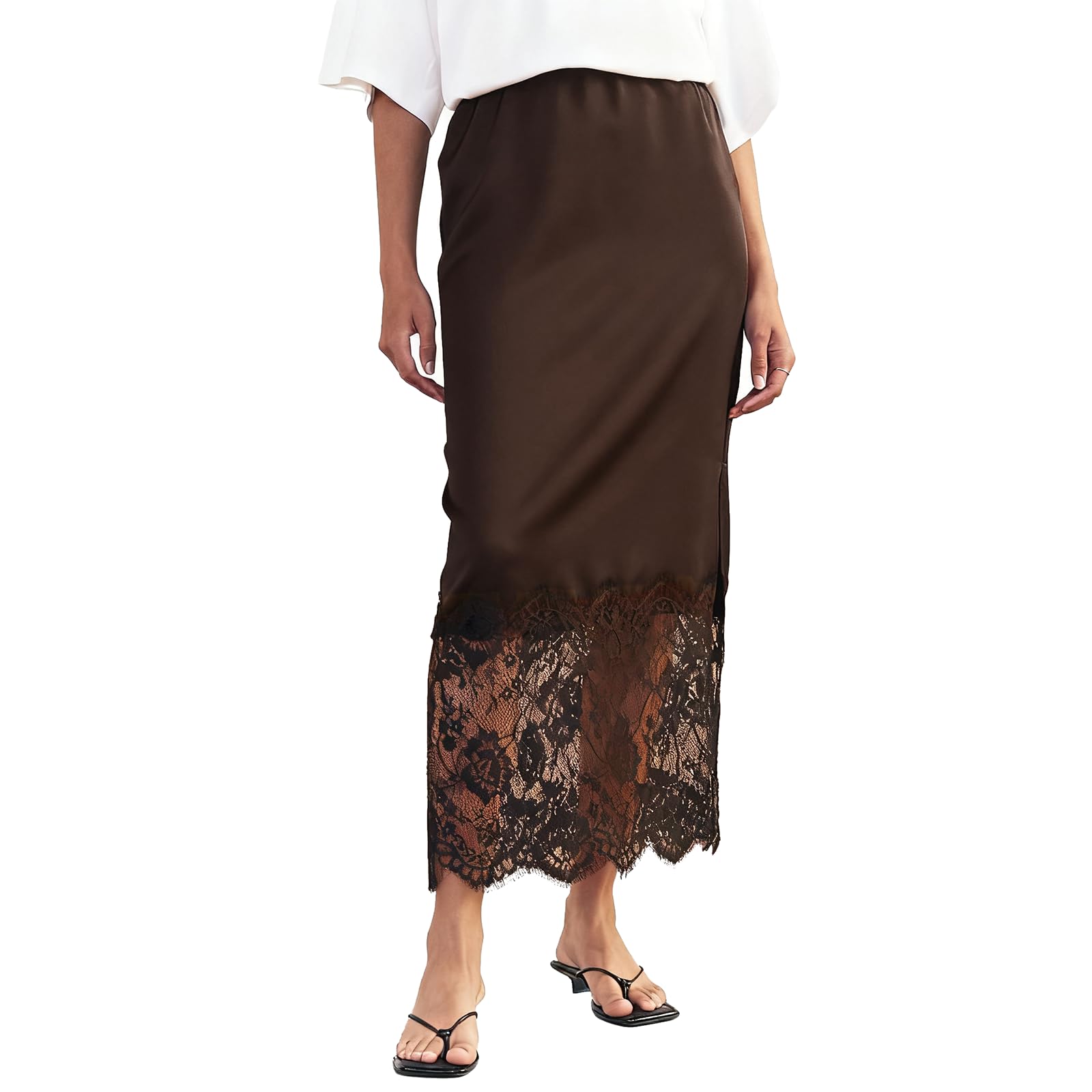 Faymlc Women Lace Trim Long Satin Skirt Silk Midi Slip Skirt Elegant Flowy A-Line Midi Skirts (Split Dark Brown, L)