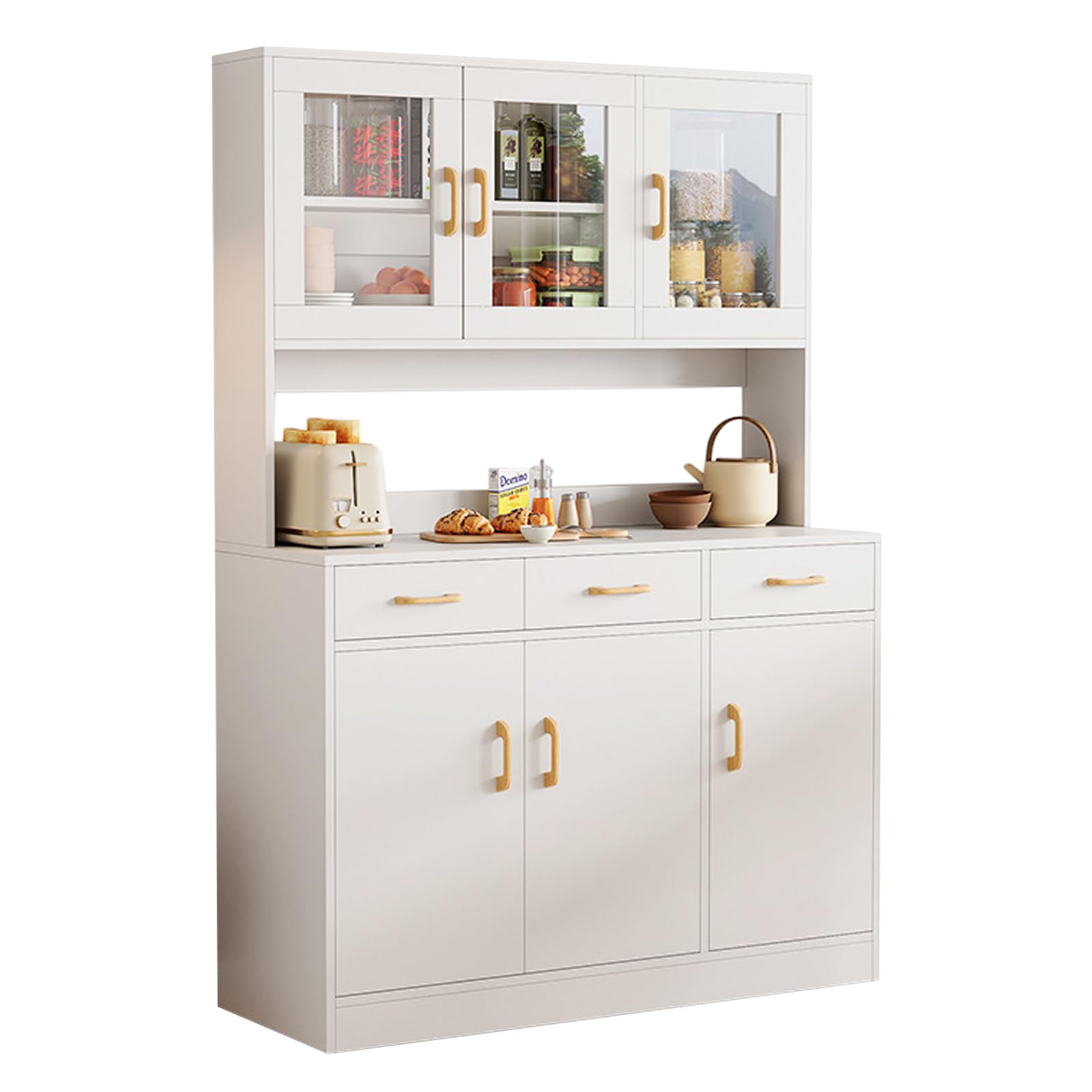 Armario de Cocina de 170 cm, Armario Alto de Madera, Aparador, Armario Multiusos con Cajones y Puerta de Cristal, Comedor, Baño, Oficina, Trastero, Blanco