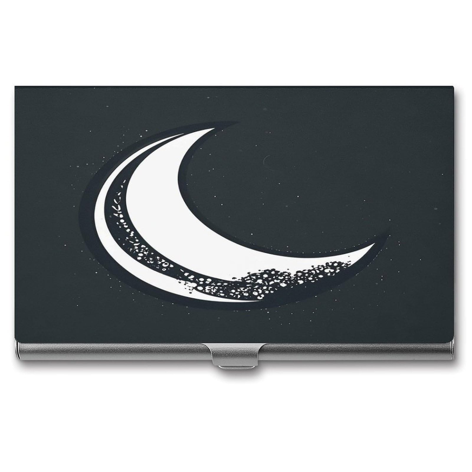 FekiLoot Crescent Moon Pattern on Black Background Business Card Holder Aluminum Alloy Business Card Case Convenient to Carry Business Card Dispenser for Men Women