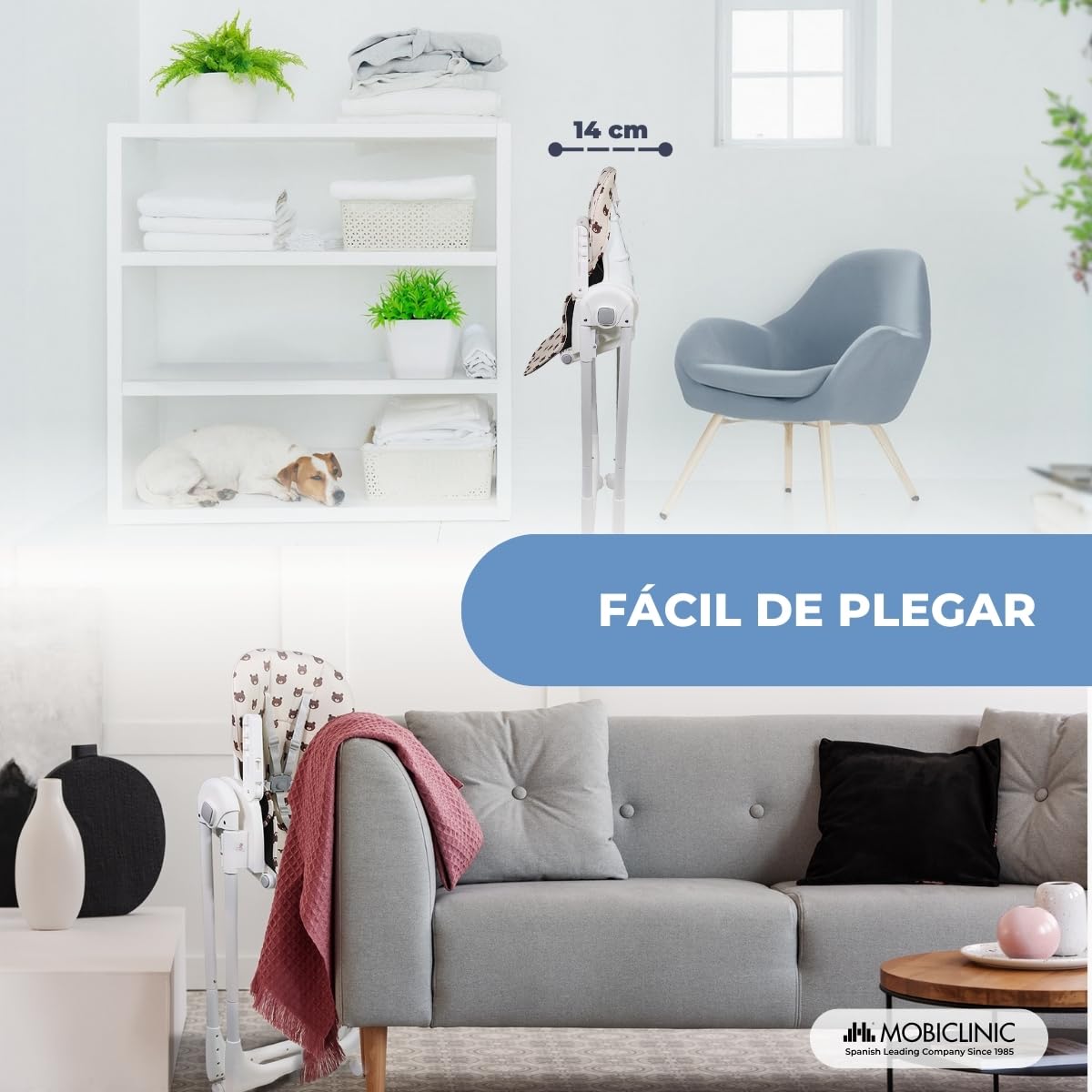 Mobiclinic®, Trona para Bebé, Extraplegado, Evolutiva Silla Alta, Reclinable, Regulable 7 Posiciones, Infantil, Arnés con 5 Puntos, Hasta 15 kg, Doble Bandeja Desmontable, Lavable, Frenos, Simba