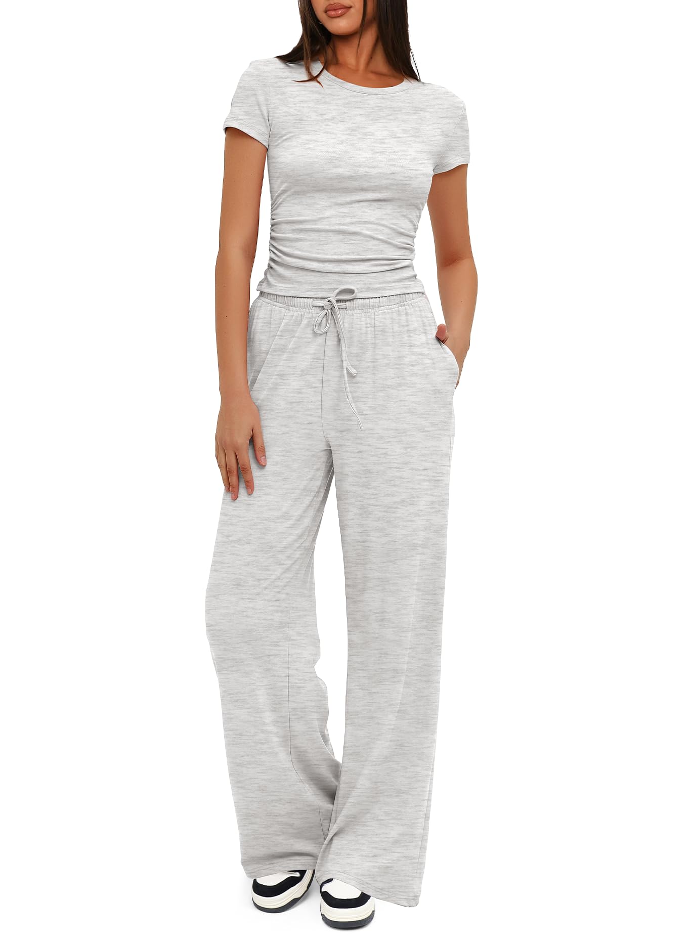 Darong 2 Piece Set Women Lounge Set Ruched Short Sleeve Tops High Waist Wide Leg Pants Tracksuit Set - S - grigio chiaro