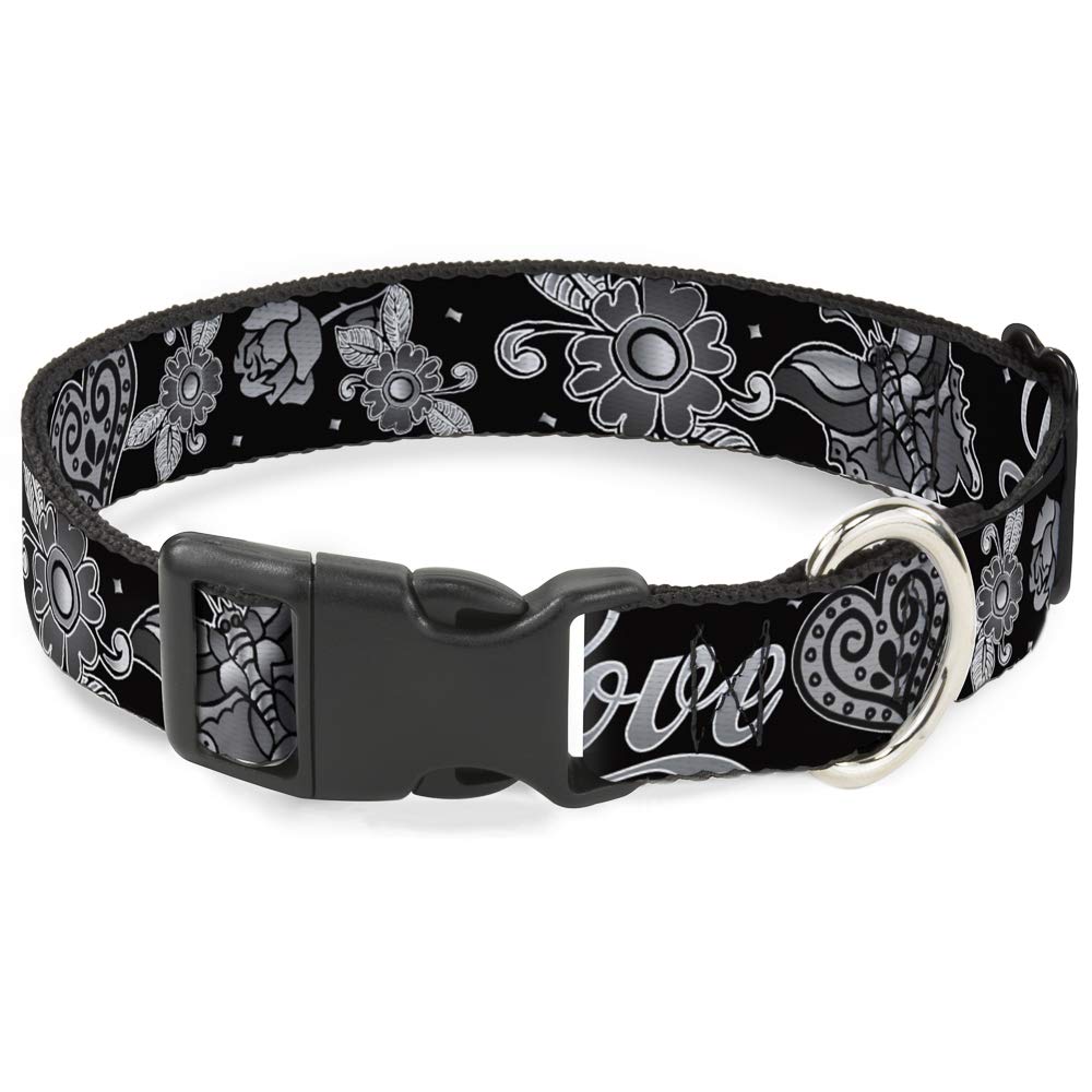 Collier clip plastique Buckle Down Love Kills Noir/Blanc pour grand chien 15-66 cm