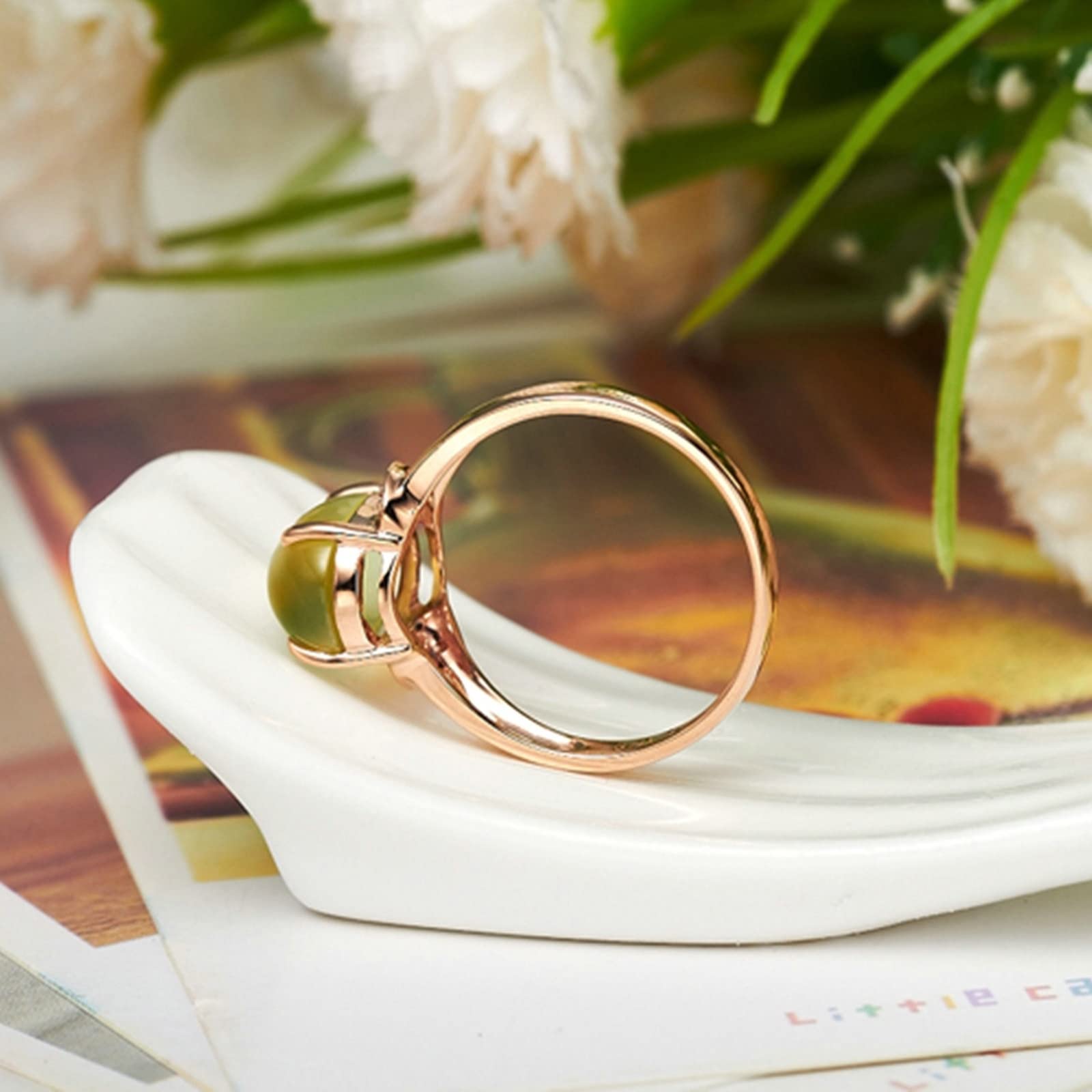 Anillo de oro rosa de 18 quilates, anillos gruesos de prehnita verde de 4 puntas, anillos ovalados de prehnita, regalo de propuesta de joyería para mujeres