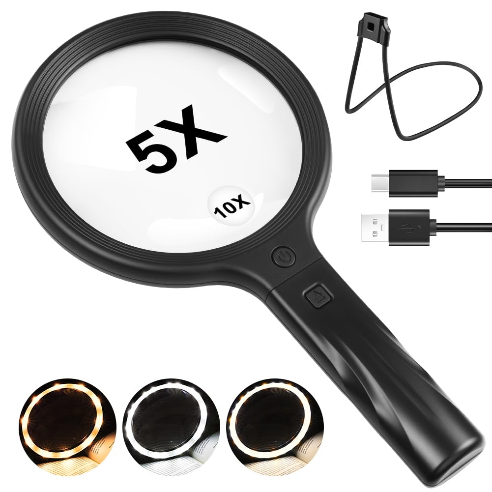 AOOTE 5X Hands Free Magnifying Glass with Light, 30 LED Rechargeable Hands Free Magnifying Glass, Large Page Magnifier Adjustment Brightness, Flexible Gooseneck Magnifier for Seniors Books Sewing