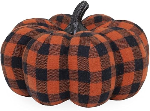 Boston International Calabaza decorativa de tela de mesa, 8.25 x 4.5 pulgadas, sentadillas a cuadros negros y naranjas