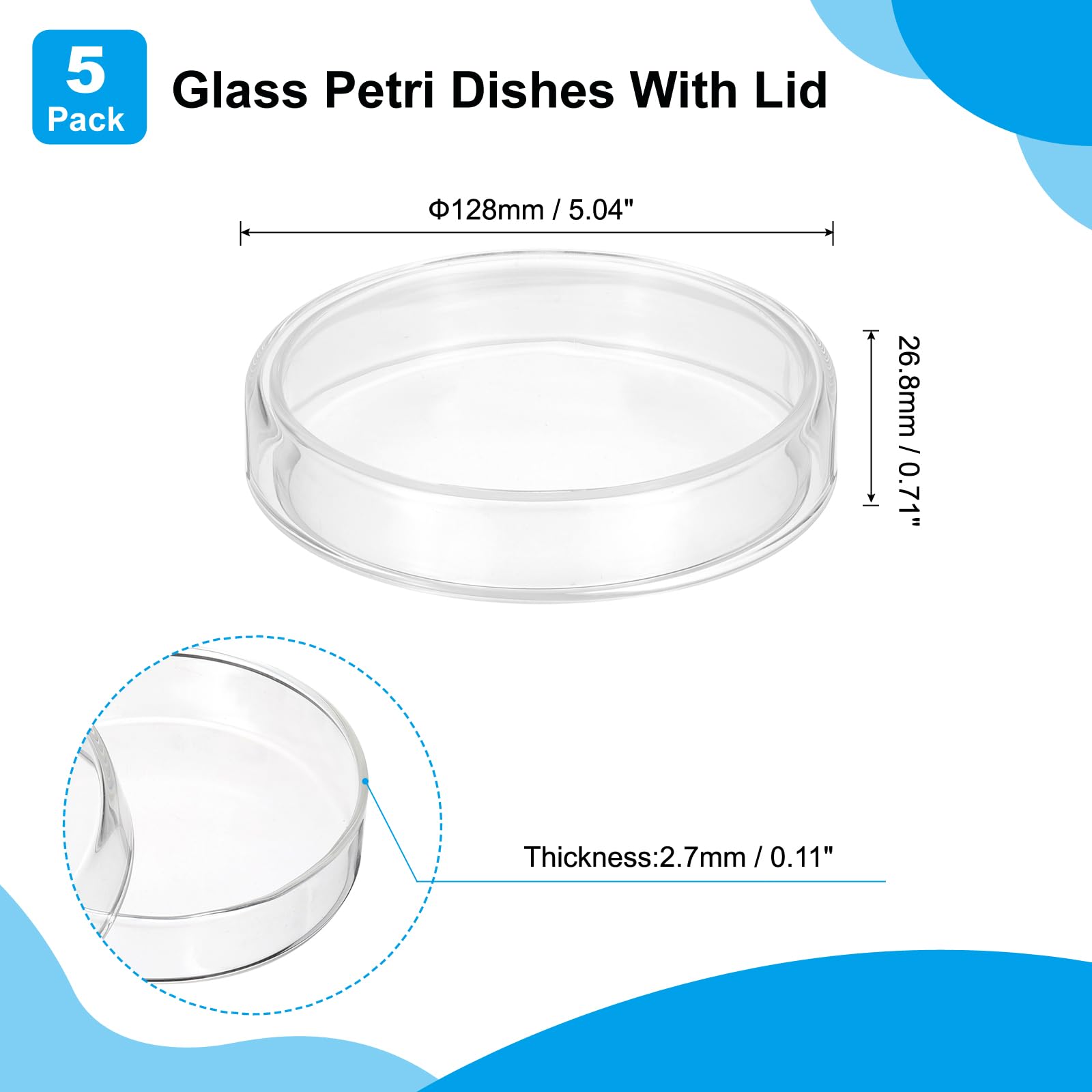 PATIKIL Platos Petri de vidrio de borosilicato de 120 mm de alto con tapas, 5 placas Petri para experimentos científicos de laboratorio, transparentes