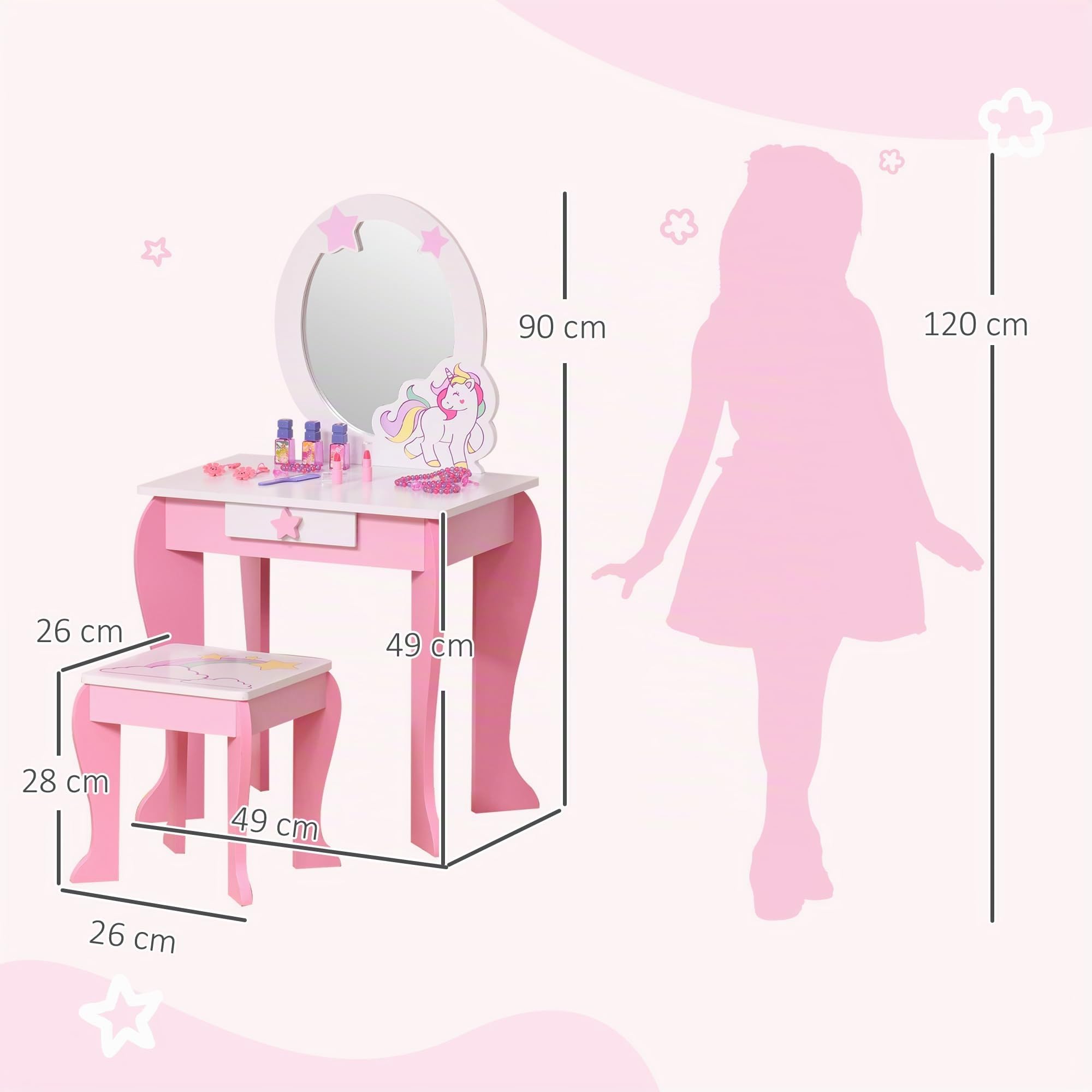 HOMCOM - Tocador infantil con diseño de unicornio, taburete incluido. 49 x 34 x 90 cm – cajón, espejo – MDF – rosa blanco