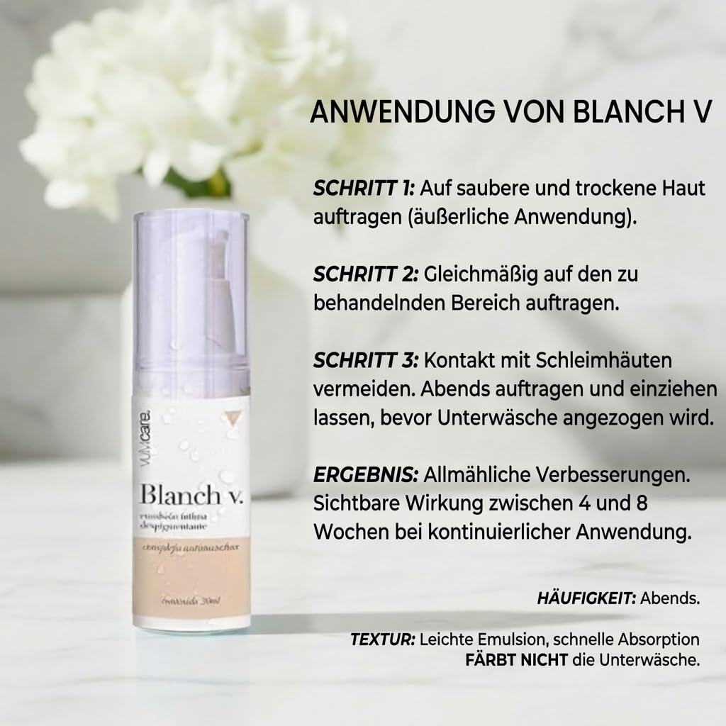 Vulvicare Blanch V Aufhellende Intimpflege-Creme – Vereinheitlicht Hautton, Reduziert Flecken durch Hormone, Reibung oder Haarentfernung – Von Gynäkologinnen – Parabenfrei – Empfindliche Haut – 30ml