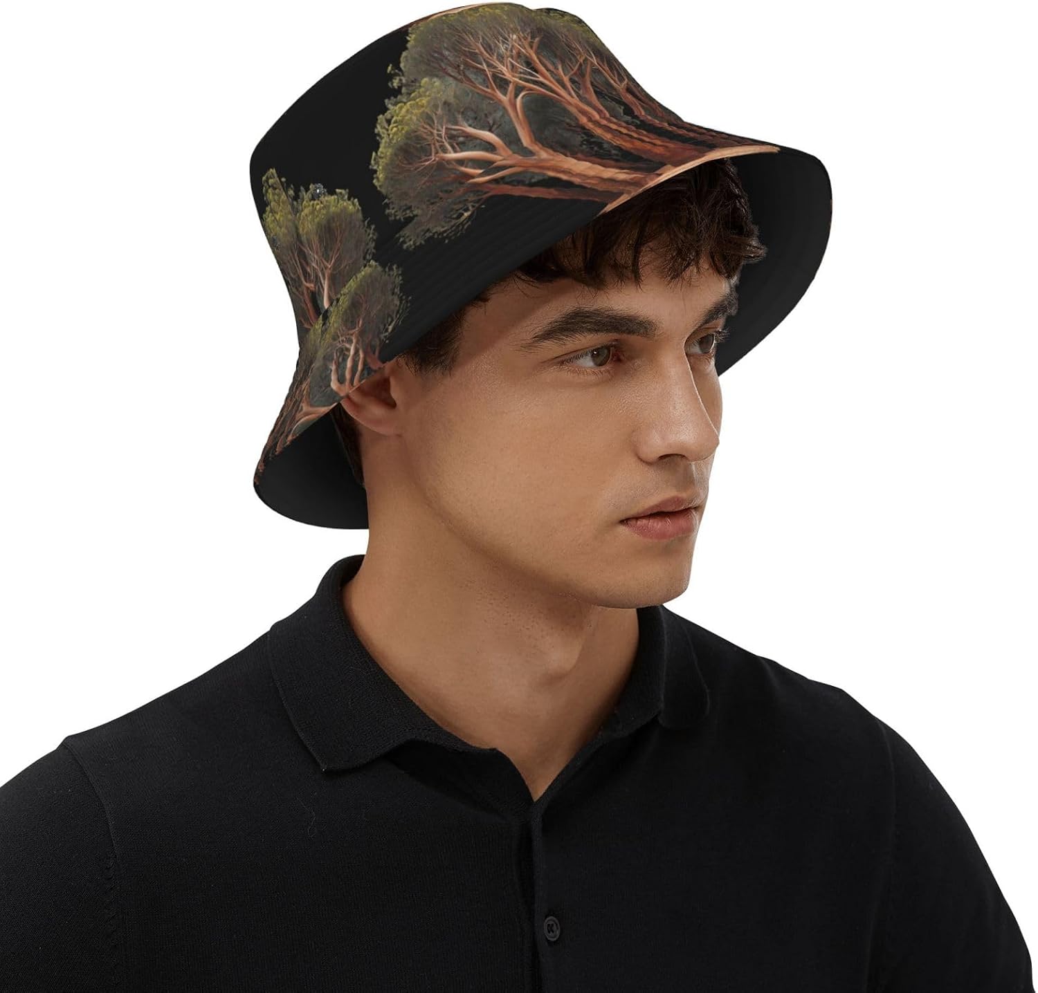 Unique Eucalyptus Prints Summer Outdoor Travel Bucket hat, a Beach Sun hat Suitable for Both Men and Women Black