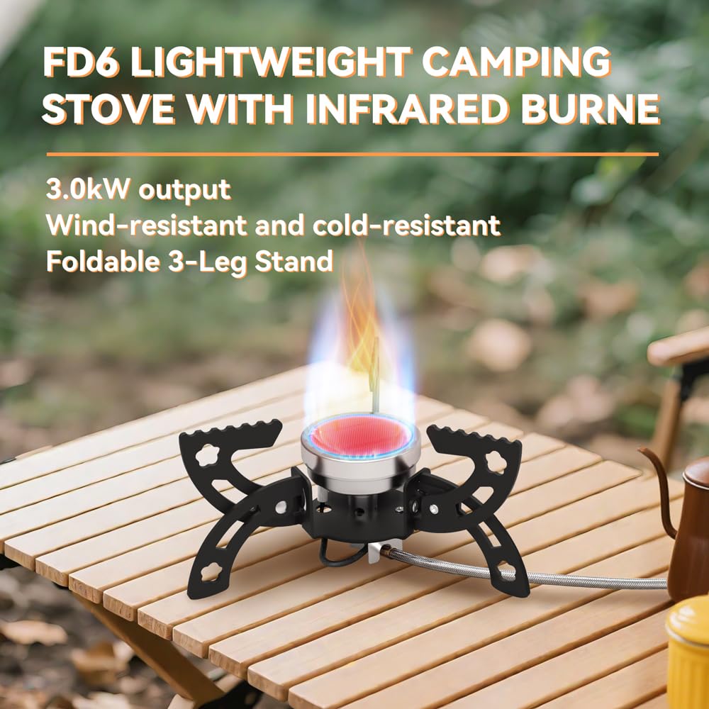 REDSUN FD6 Réchaud de Camping Infrarouge Brûleur à Gaz Anti-Vent Alpin Pliable Léger à 3 Pieds avec Sac EVA pour Pique-Nique Randonnée Camping-Car Pêche, FD6+Sac en EVA+Kit Adaptateur