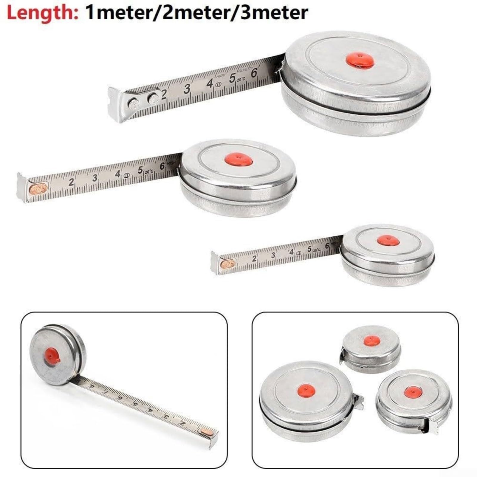 Cinta métrica compacta y Ligera, Redonda, de Acero Inoxidable, con retracción automática.