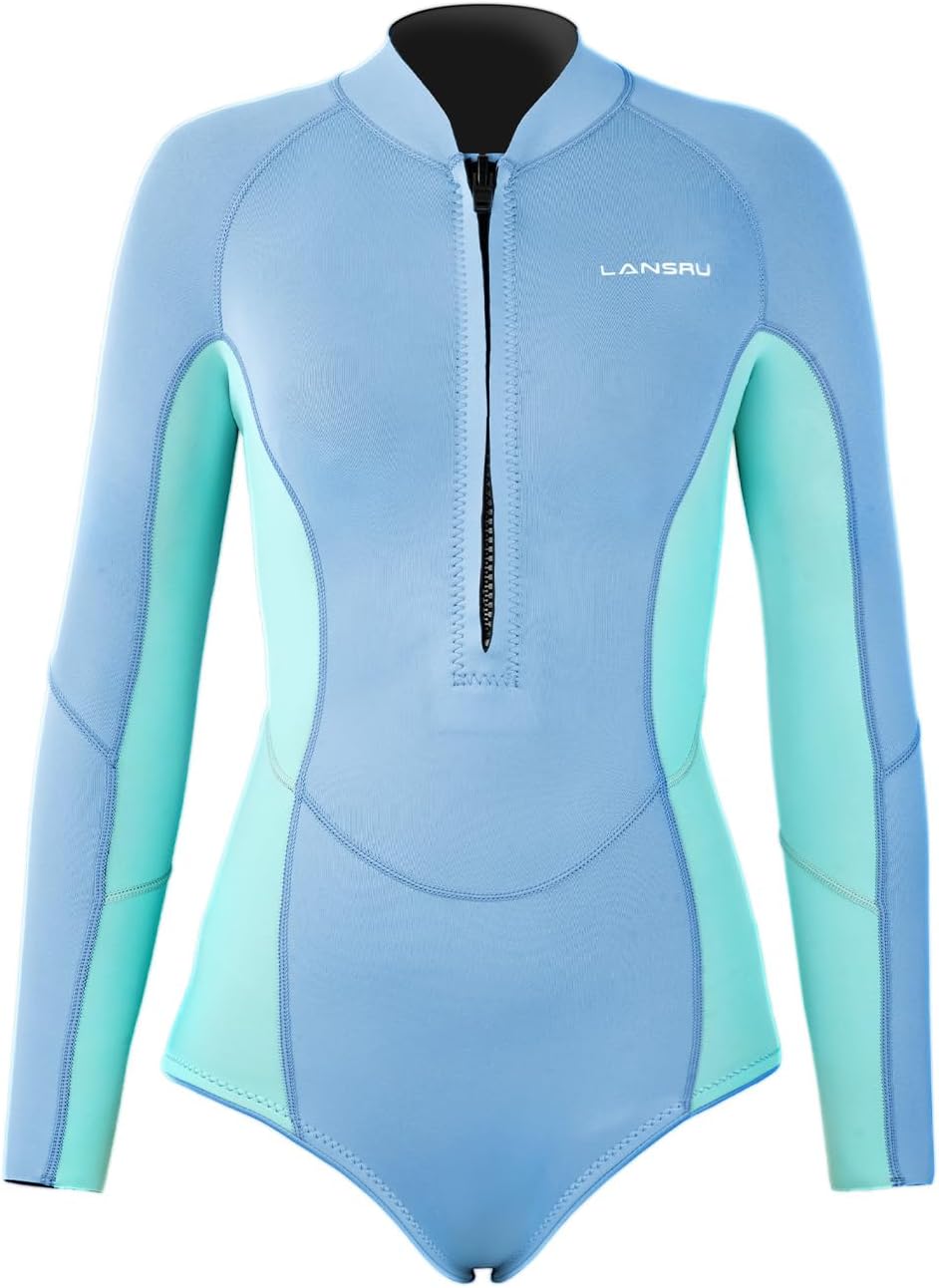 Lansru Women Wetsuit, Upgrade CR Neoprene 2mm One Piece Shorty Wetsuit, Long Sleeve Diving Suits with Front Zipper for Surfing Snorkeling Diving Swimming