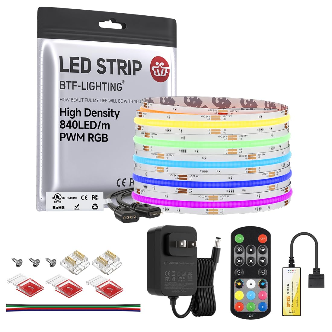 BTF-LIGHTING 16.4FT RGB Color Changing UL Listed DC24V COB LED Strip Kit
