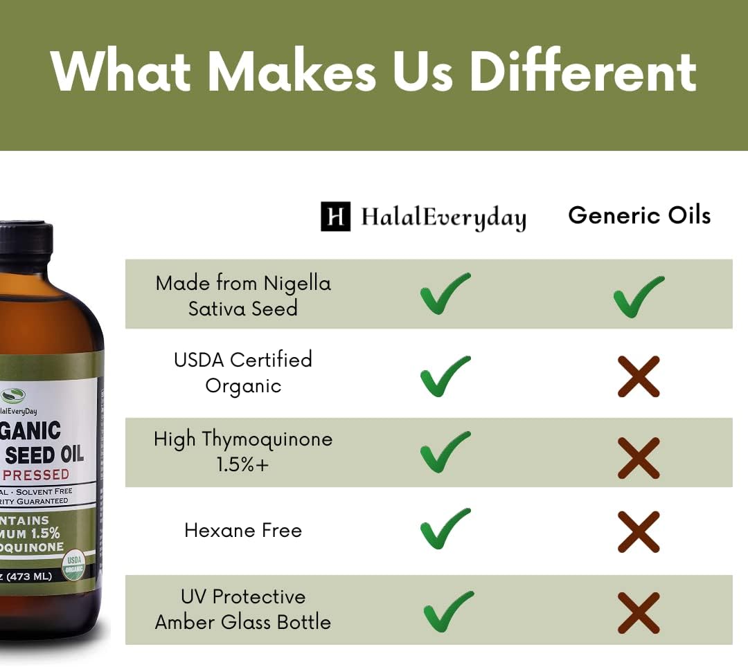 HalalEveryDay Organic Black Seed Oil - USDA Certified Cold Pressed Glass Bottle Over 1.5% 3X Thymoquinone Turkish Black Cumin Nigella Sativa Non-GMO 100% Pure Blackseed Oil (16oz Glass)