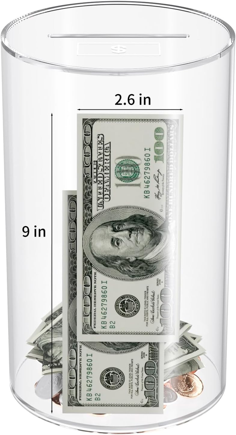 NIUBEE Clear Piggy Bank for Adults Kids, Acrylic Piggy Bank for Boys Girls to Saving Money Cash Coin, Must Break to Open, Perfect Size 10" H x 6" Diameter(Large)