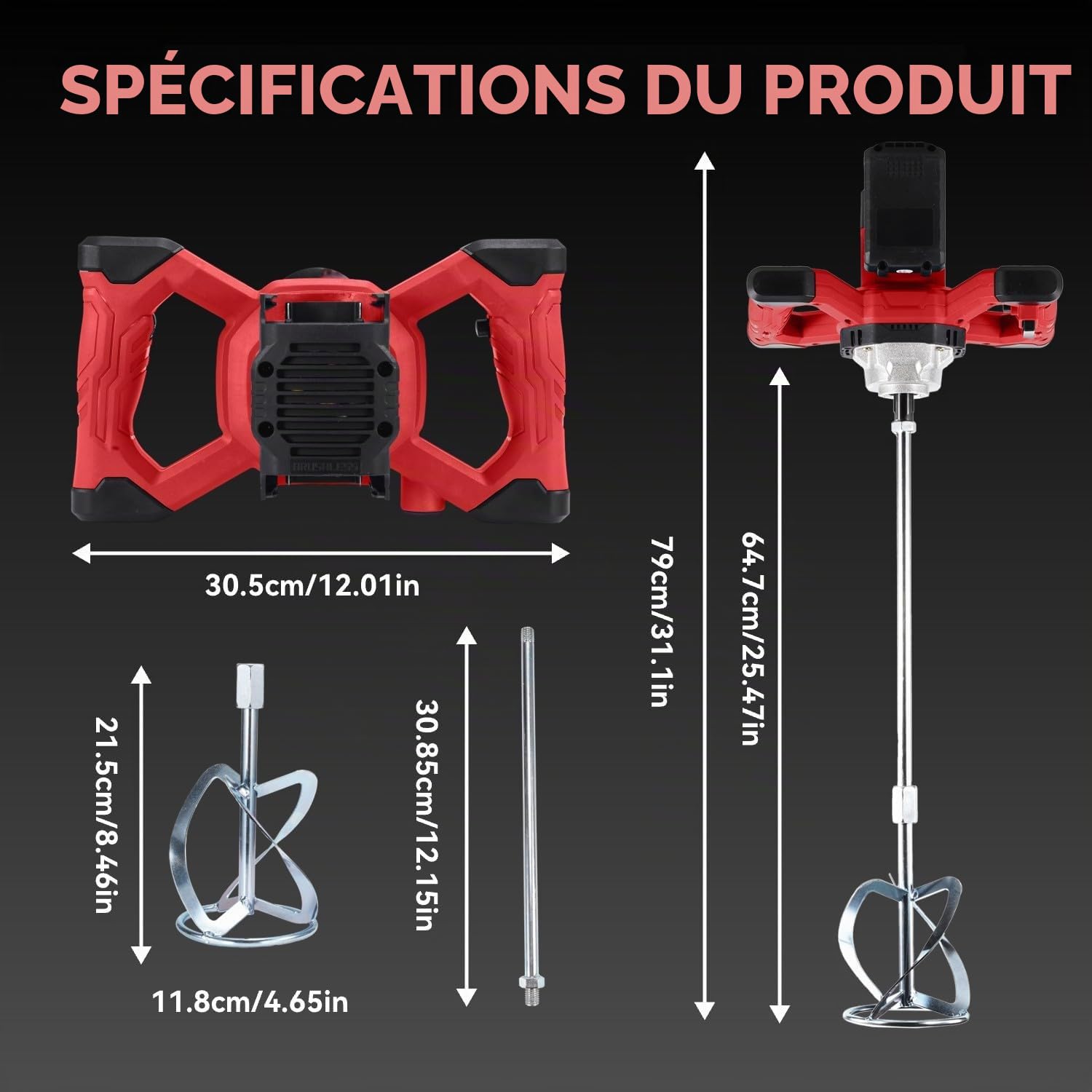 ONEVAN malaxeur mortier sans fil, 40V mélangeur à béton sans balais avec 2 batteries de 4000 mAh, 6 vitesses, emmanchement M14, mélangeur electrique pour peinture, béton, ciment et mortier