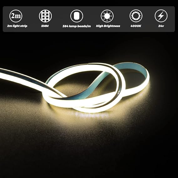 COB LED Strip Light 24V White 4000K 2m, Arote COB Led Lights LED Tape 5mm Width dimmable high Density Light DIY 384LEDs/m Without Adapter IP20 for Bedroom Kitchen Home Interior Decoration [Energy Class F]