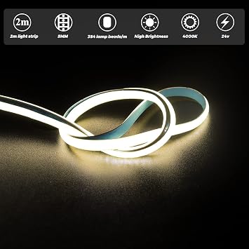 COB LED Strip Light 24V White 4000K 2m, Arote COB Led Lights LED Tape 5mm Width dimmable high Density Light DIY 384LEDs/m Without Adapter IP20 for Bedroom Kitchen Home Interior Decoration [Energy Class F]