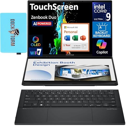 ASUS Zenbook Duo AI Powered 2-in-1 Laptop 14.0" Touchscreen OLED WUXGA Display (Intel Ultra 9-285H, 32GB LPDDR5X, 2TB PCIe SSD, Backlit KB, Win 11 Pro) w/MS 365 Personal, DKZ USB Port Expander
