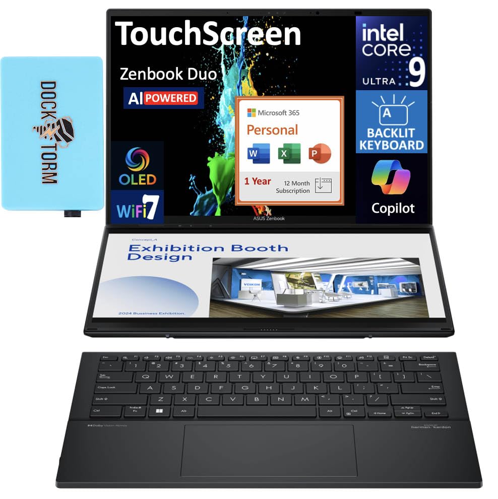 Image of ASUS Zenbook Duo AI Powered 2-in-1 Laptop 14.0 inch Touchscreen OLED WUXGA Display (Intel Ultra 9-285H, 32GB LPDDR5X, 4TB PCIe SSD, Win 11 Home) w /MS 365 Personal, DKZ USB Port Expander