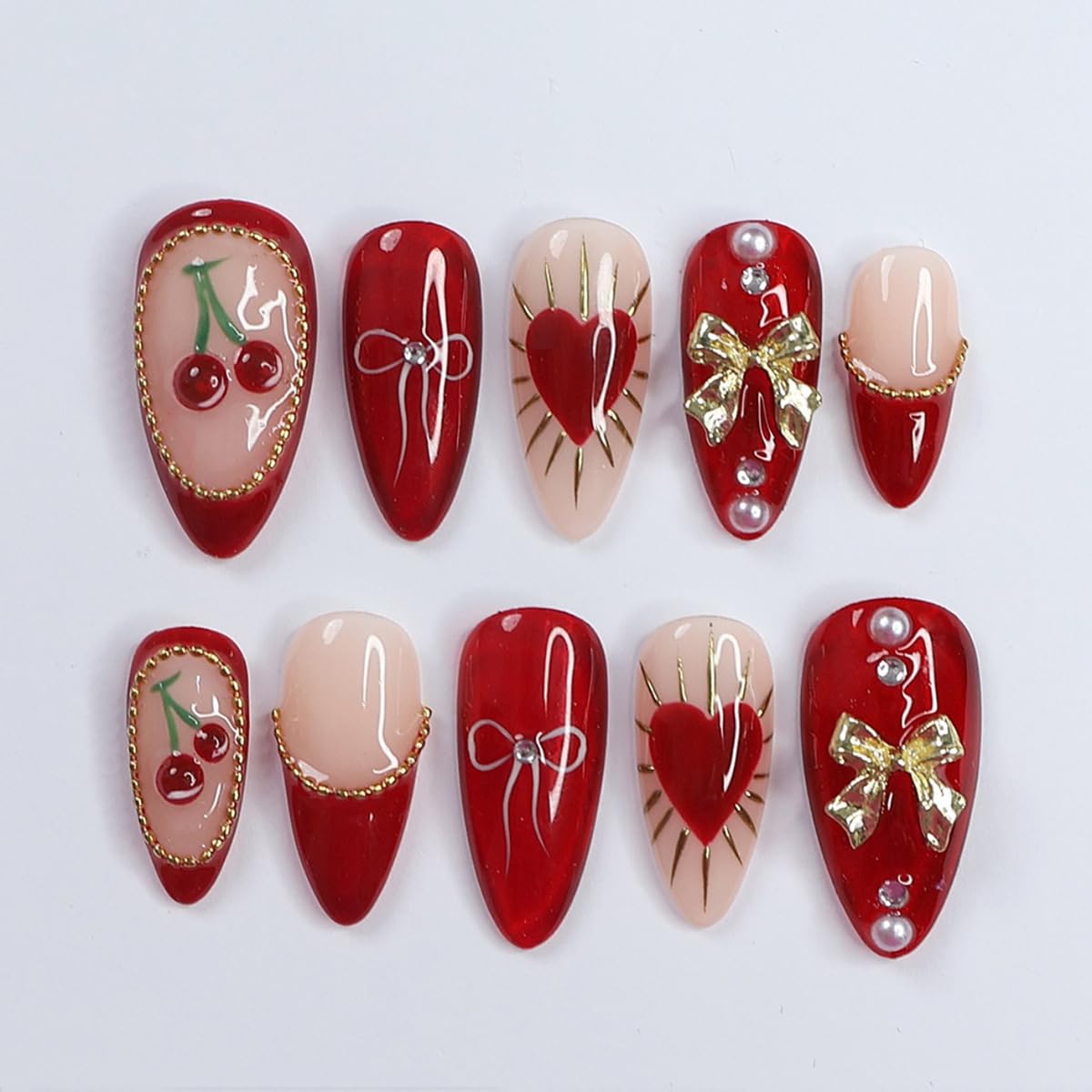 Red French Tip Press on Nails with Pearl Gem Design