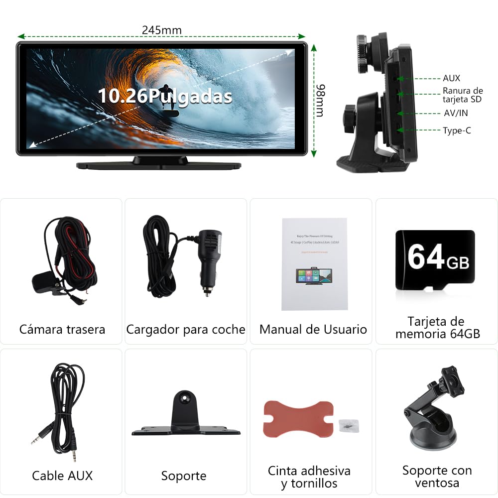 Pantalla Carplay para Coche con CarPlay/Android Auto Inalámbrico, Pantalla Táctil de 10.26 Pulgadas Portátil con Dashcam 4K/Cámara Trasera de HD 1080P/Control por Voz/Bluetooth/Mirror Link