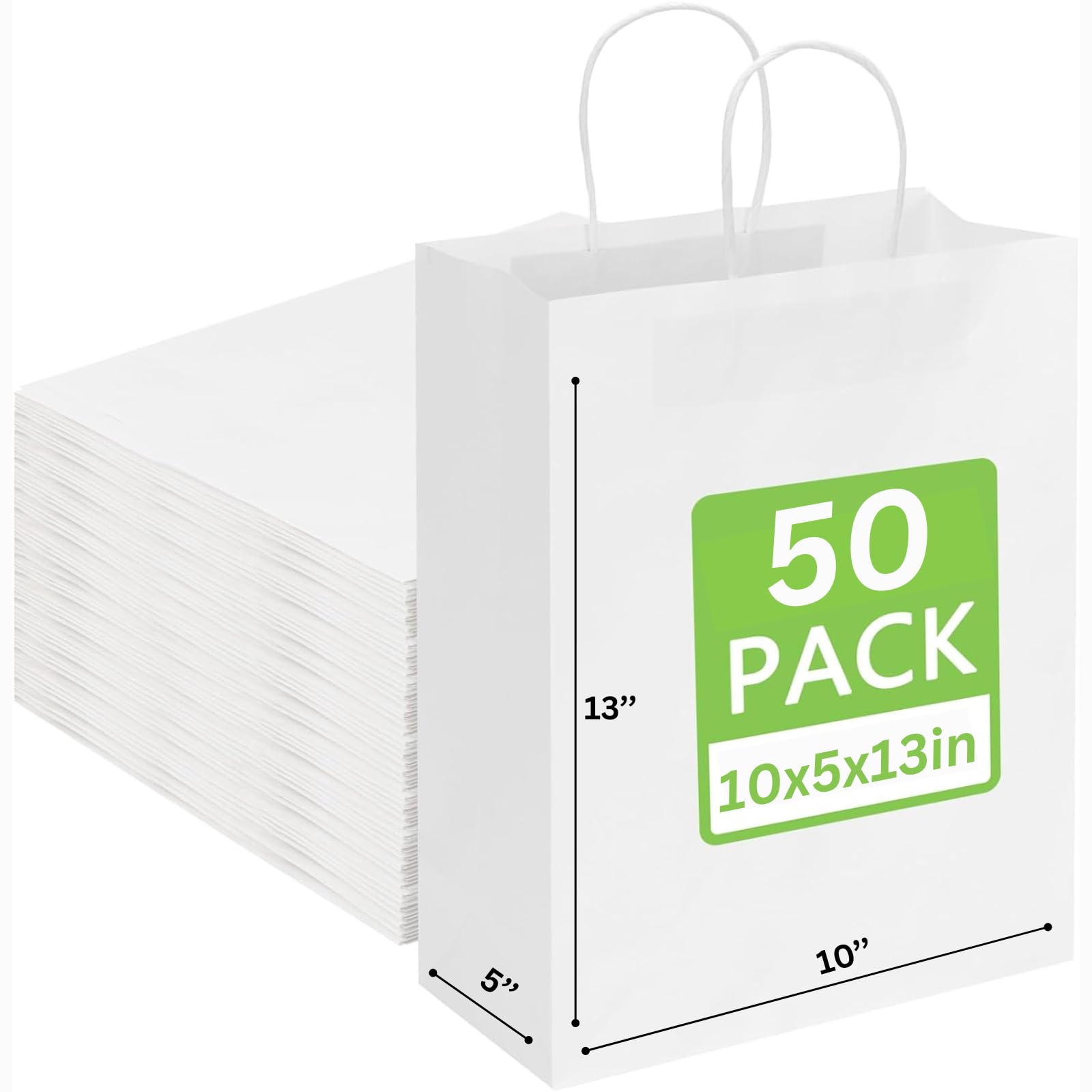 JET PAPER BAGS - 10”x5”x13” [50 Pcs] White Paper Bags with Handles Prime for Takeout, Grocery, Goody, Retail, Party, Gifts, Weddings - Recyclable