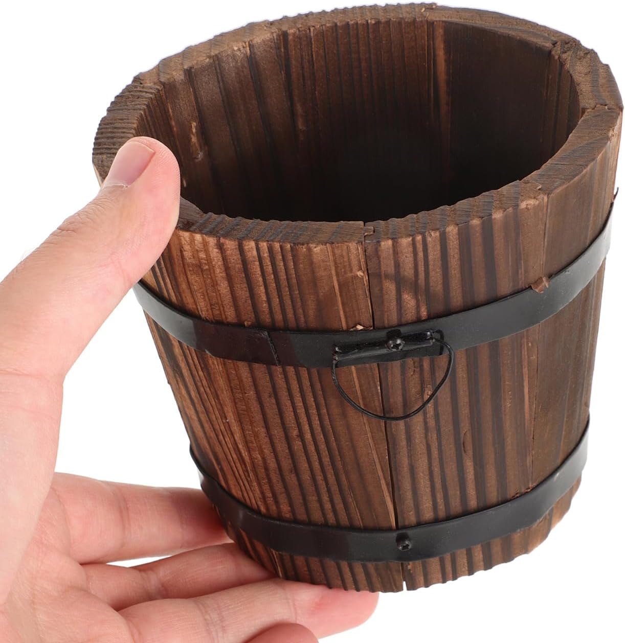 DOITOOL Small Wooden Barrel Flower Pot Planter 4.6 X 3.7 X 3.9 Inches Carbonized Wood Indoor Outdoor Rustic Plant Container for Home Garden Patio