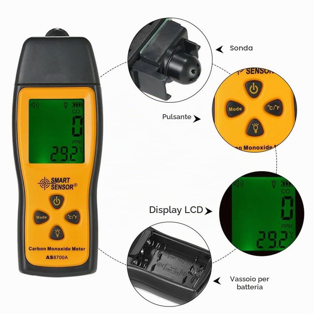 Misuratore di monossido di carbonio AS8700A, sensore intelligente, misuratore di CO, 1000 ppm, analizzatore di CO, rilevatore di monossido di carbonio, rilevatore digitale di perdite di CO