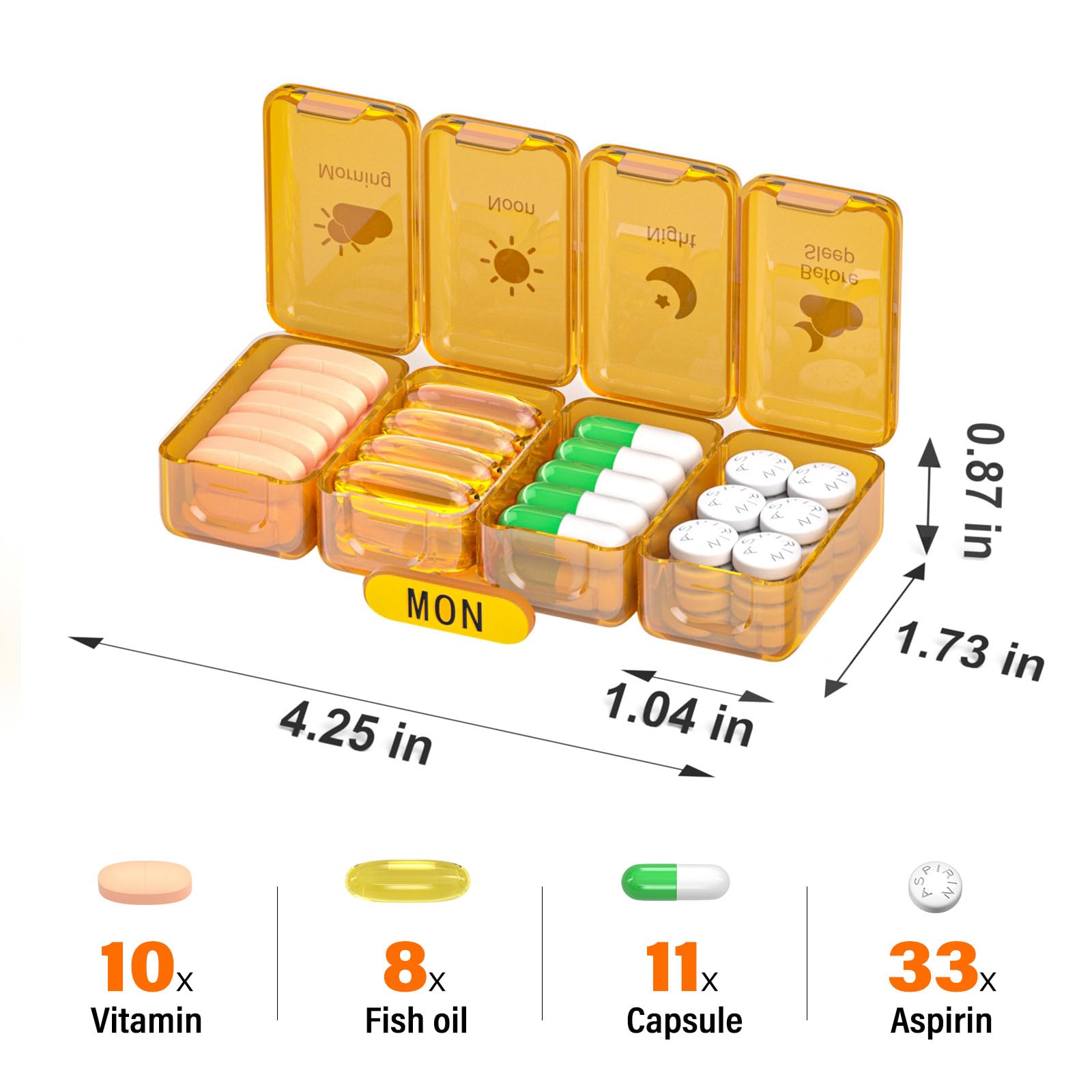 Pilulier hebdomadaire 4 fois par jour, grands compartiments, 4 x 7 jours, pilulier pour pilules/vitamines/huiles de poisson/médicaments/compléments (jaune)