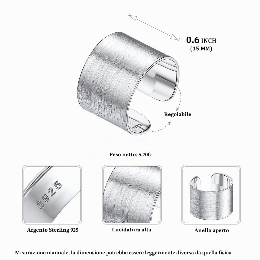 ChicSilver Anello Uomo Regolabile Anello Regolabile Donna Uomo in Argento Sterling S925 5/10/15 mm Largo Grande, Gioiello Minimalista, Stile Hip Hop, Knuckle Rings