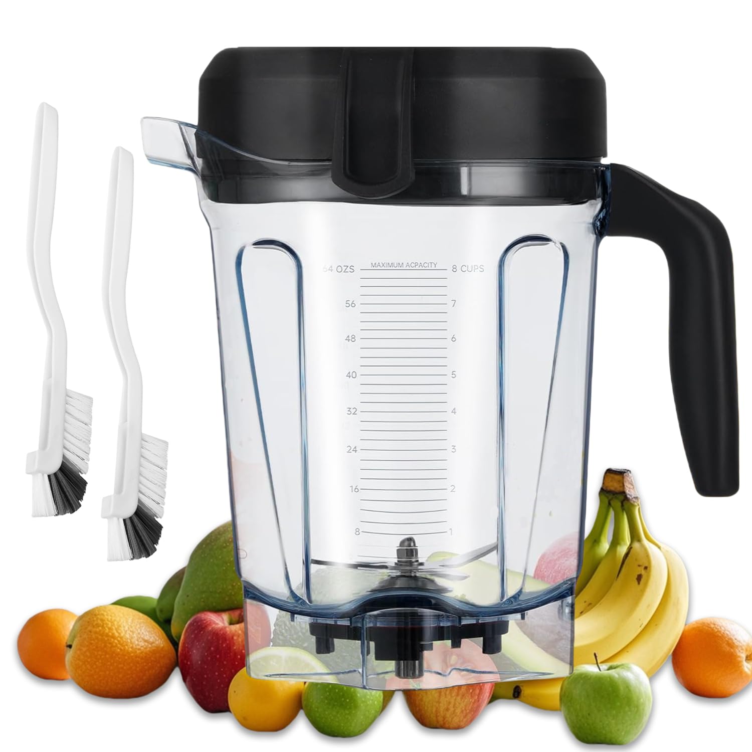 Verbesserter Vitamix-Krug mit 1,8 l niedrigem Profil, kompatibel mit Vitamix Mixbecher 750, 7500, 5200, 5000, 6300, A3500, vm0102, vm0103, vm0197, E310, mit 2 Reinigungsbürsten