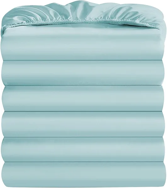 Maple&Stone Queen Fitted Sheet Only - Bulk Pack of 6 Bottom Sheets - Premium Soft & Breathable, Brushed Microfiber Fabric for Queen Size, Light Blue