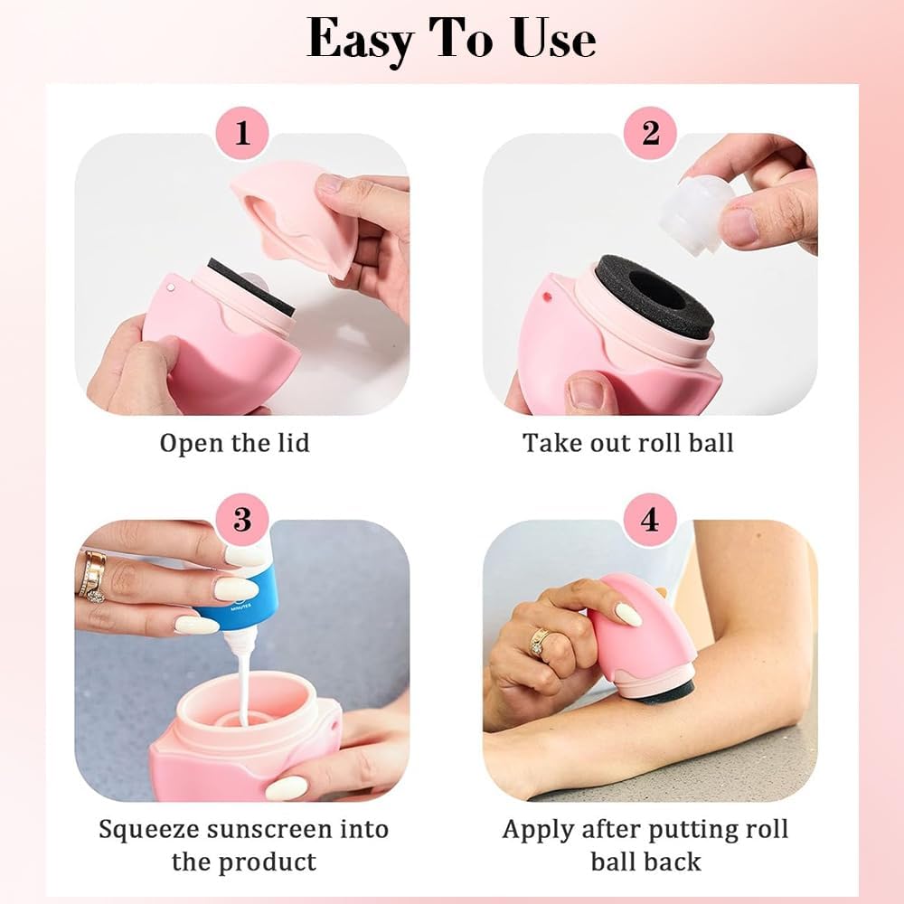 Sunscreen Applicator, Portable Refillable Applicator Roll on Sponge Suncream & Lotion Applicator for Women, Adult, Kid, Family Travel, Silicone Washable (Pink)