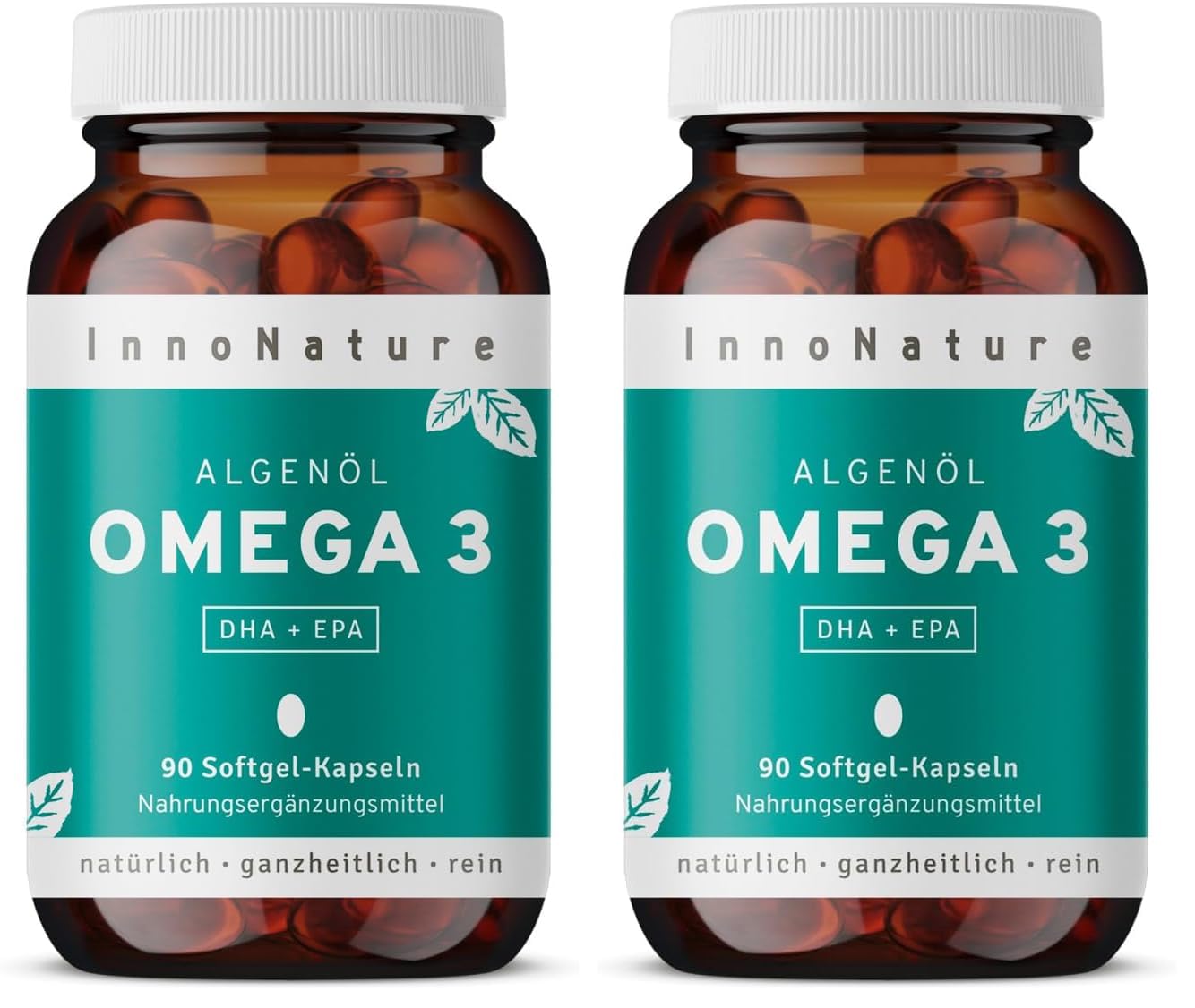 InnoNature Omega 3 Kapseln | natürlich aus der Mikroalge Schizochytrium, hochdosiertes Premium Algenöl 1.980 mg mit DHA + EPA, 90 Softgel Kapseln | vegan (Packung mit 2)