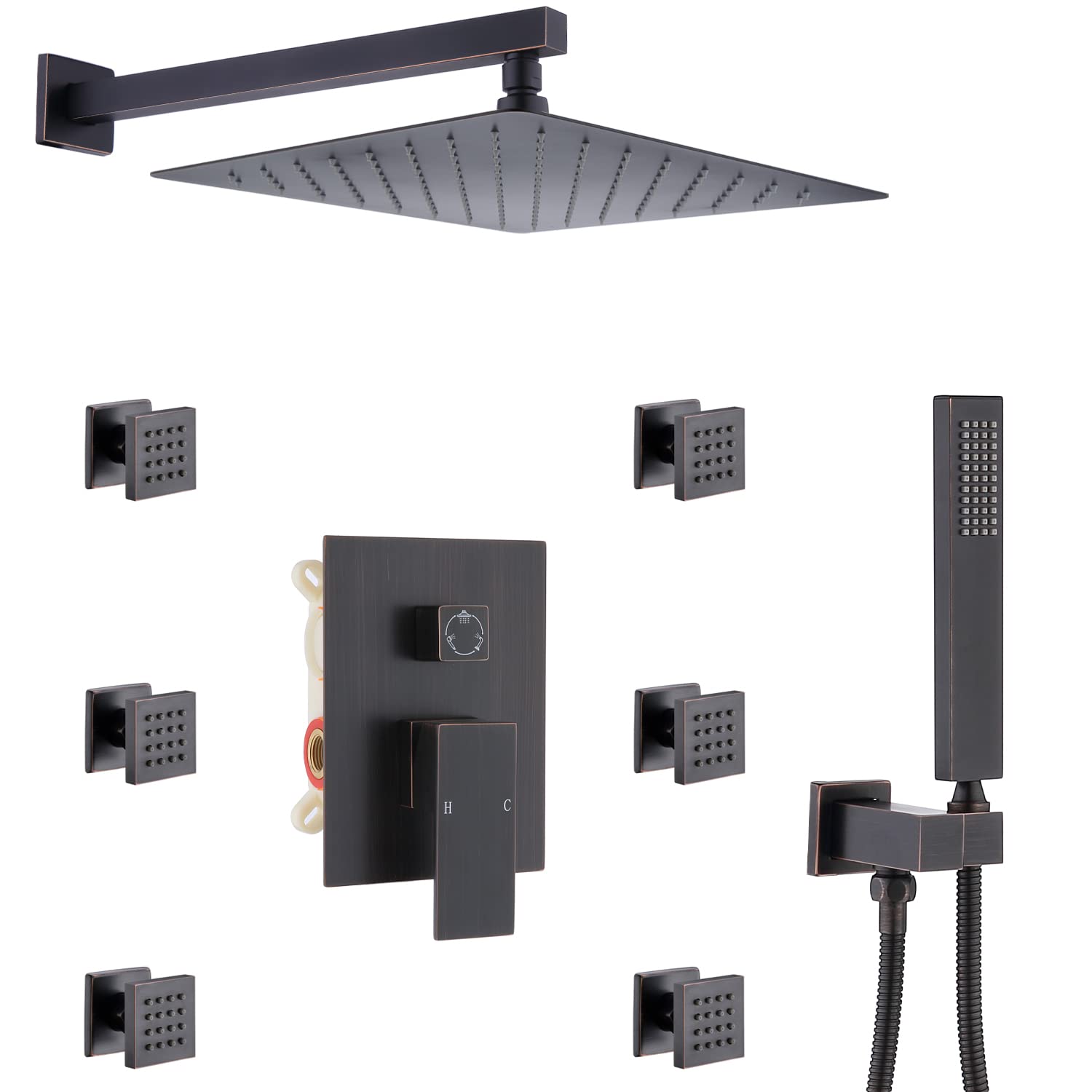 Enga Oil Rubbed Bronze Shower System with Body Jets, 12 Inch Rainfall Shower Wall Mounted Full Body Shower System Contain Rough-in Shower Valve Shower Combo Set