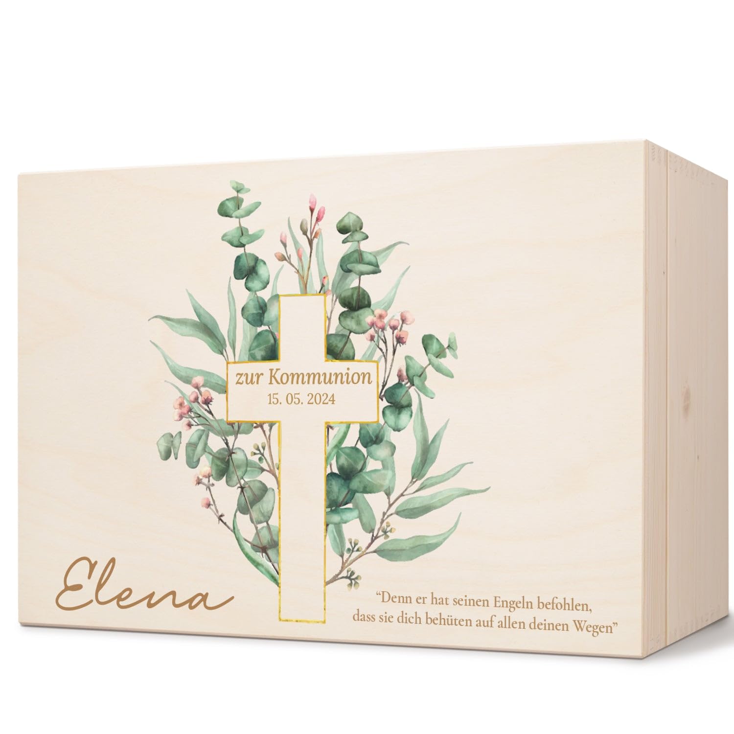 GRAVURZEILE Bedruckte Erinnerungskiste - Eukalyptuskreuz - Personalisiert mit Name & Datum - Erinnerungsbox für Mädchen & Jungen - Geschenk zur Kommunion, Konfirmation & Taufe - Erinnerungsbox