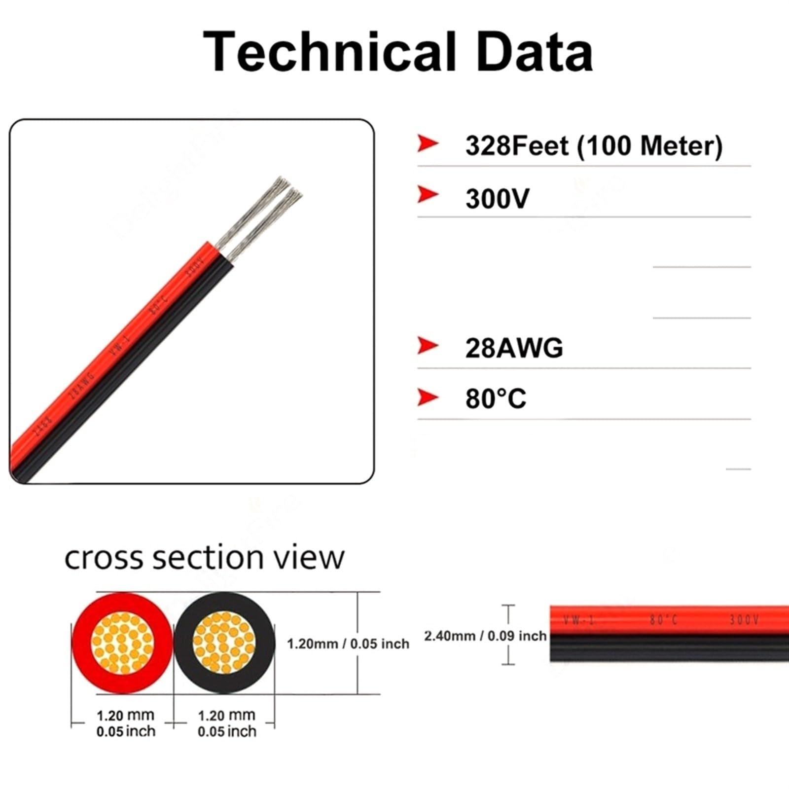 Cable Flexible UL2468 LED Car Audio Speaker Wire, 28/26/24/22/20/18 AWG 12V Flat Ribbon Cable, Red Black 2 Pin Electrical Wires Extension Connector(Size:5meter,Color:22 AWG)