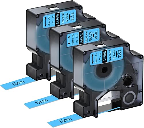 NineLeaf Paquete de 3 cintas de etiquetas negras sobre azules compatibles con Dymo D1 45016 S0720560 1/2" 0.472 in x 23' 23.0 ft cintas para uso en