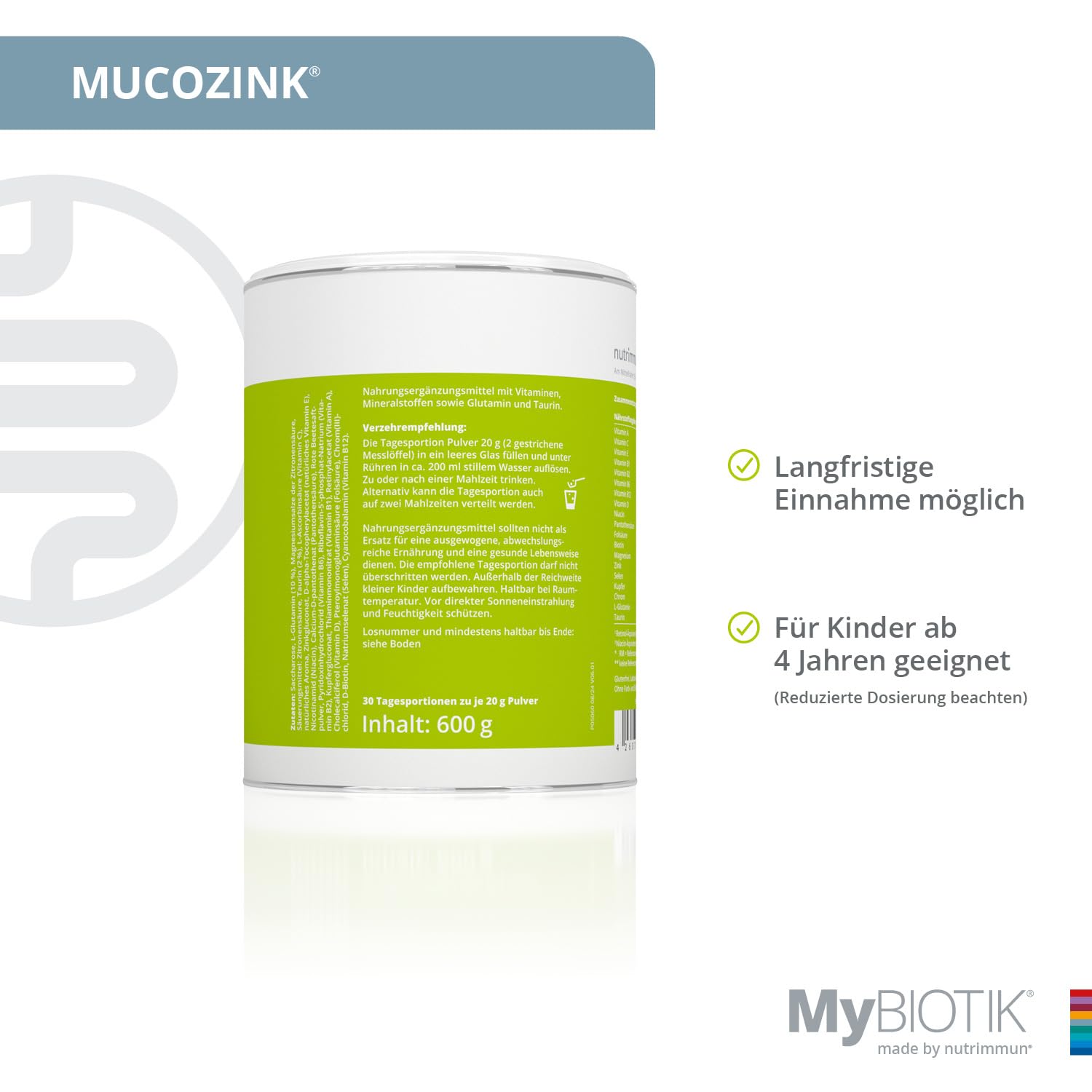 MUCOZINK® I made by nutrimmun I Für 30 Tage I Umfassender Mikronährstoffkomplex I Vitamine I Mineralstoffe I 2g L-Glutamin I Taurin I Pulver I Vegetarisch I Glutenfrei I Laktosefrei I Laborgeprüft